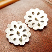 Vintage Native American Sterling Silver Concho Stud Earrings, Polished Silver Medallions, Engraved Line Work, Raised Designs, 1 11/16" L