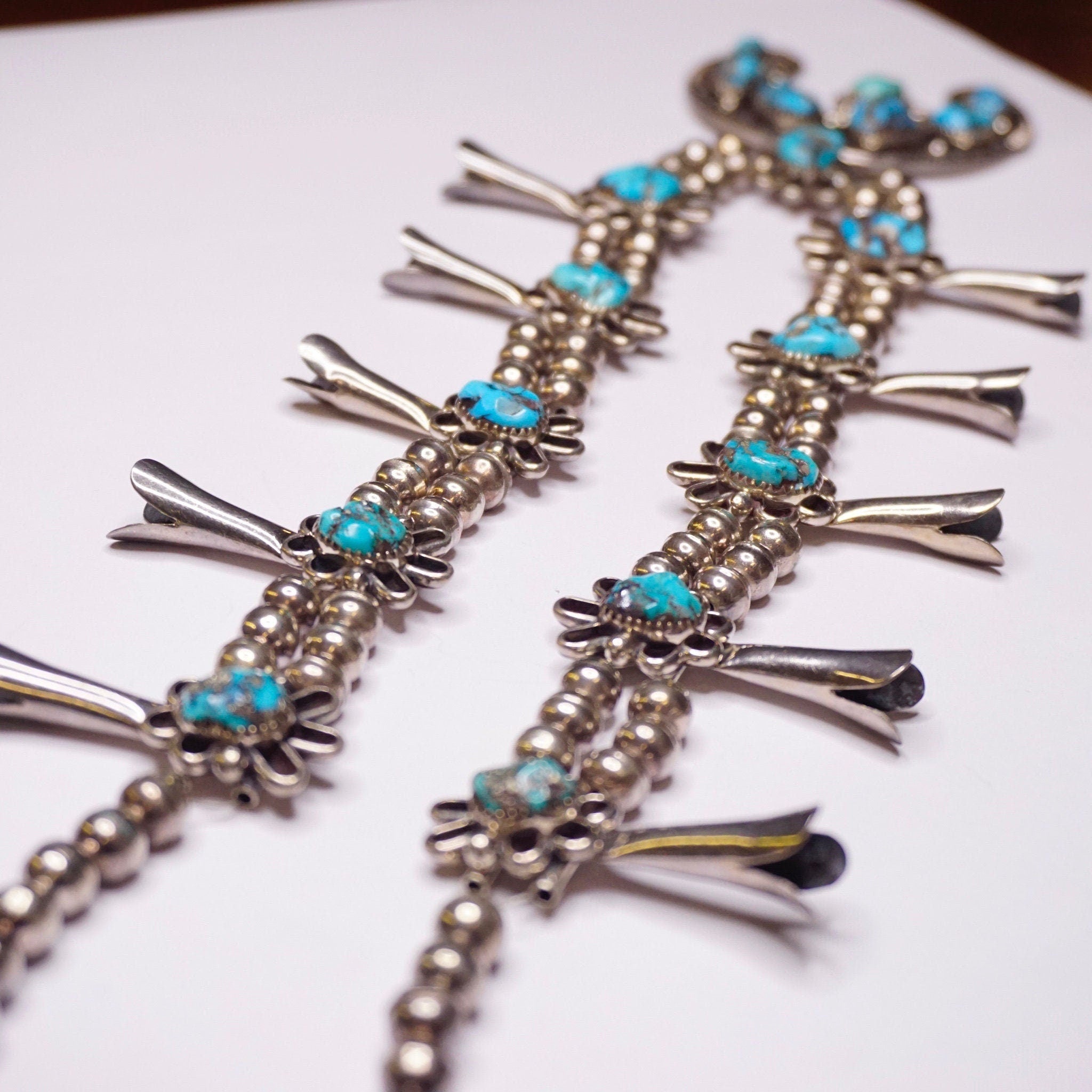 Vintage Navajo Turquoise Squash Blossom Necklace, Native American Beaded Necklace With Naja Pendant, Old Pawn Squash Blossom Necklace, 925