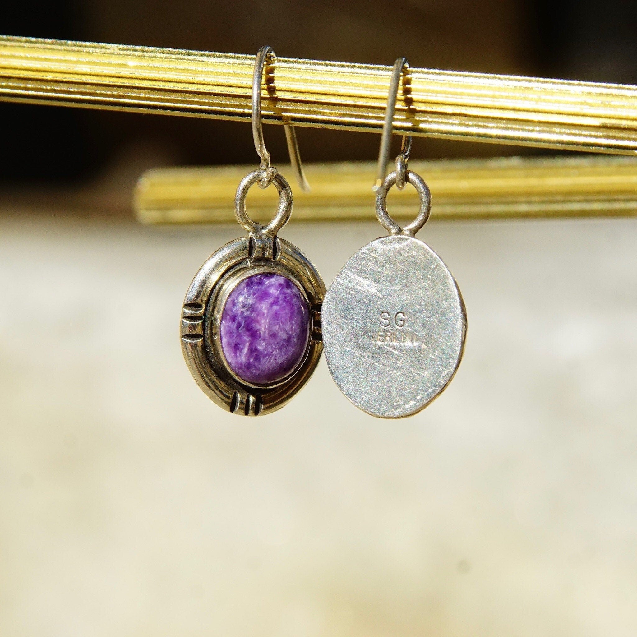 Vintage Navajo Signed SG Sterling Silver Purple Agate Drop Earrings, Marbled Purple Gemstone In Silver Setting, 925 Fish Hooks, 1 1/4" L