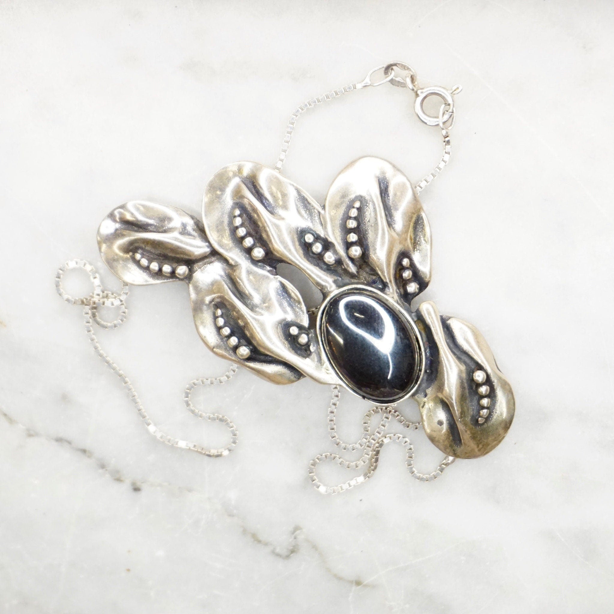 Vintage Noy Li Sterling Silver Hematite Pendant Necklace, Silver Box Chain Choker With Leaf Pendant, Modernist Silver Hematite Pendant, 925