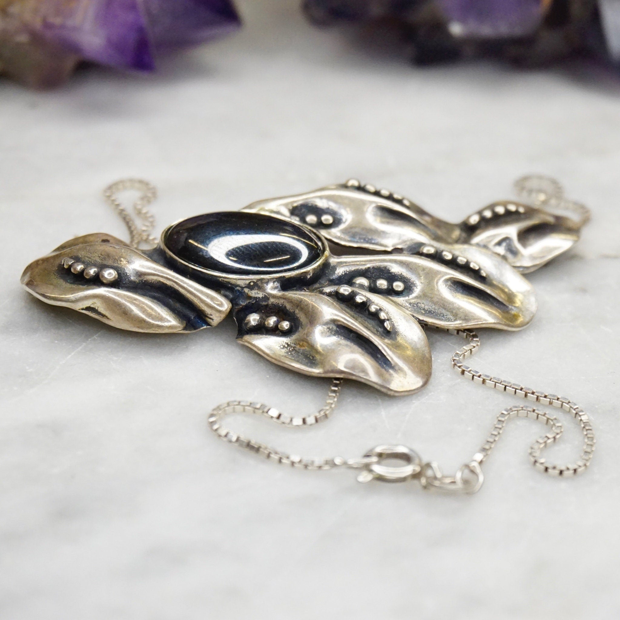 Vintage Noy Li Sterling Silver Hematite Pendant Necklace, Silver Box Chain Choker With Leaf Pendant, Modernist Silver Hematite Pendant, 925