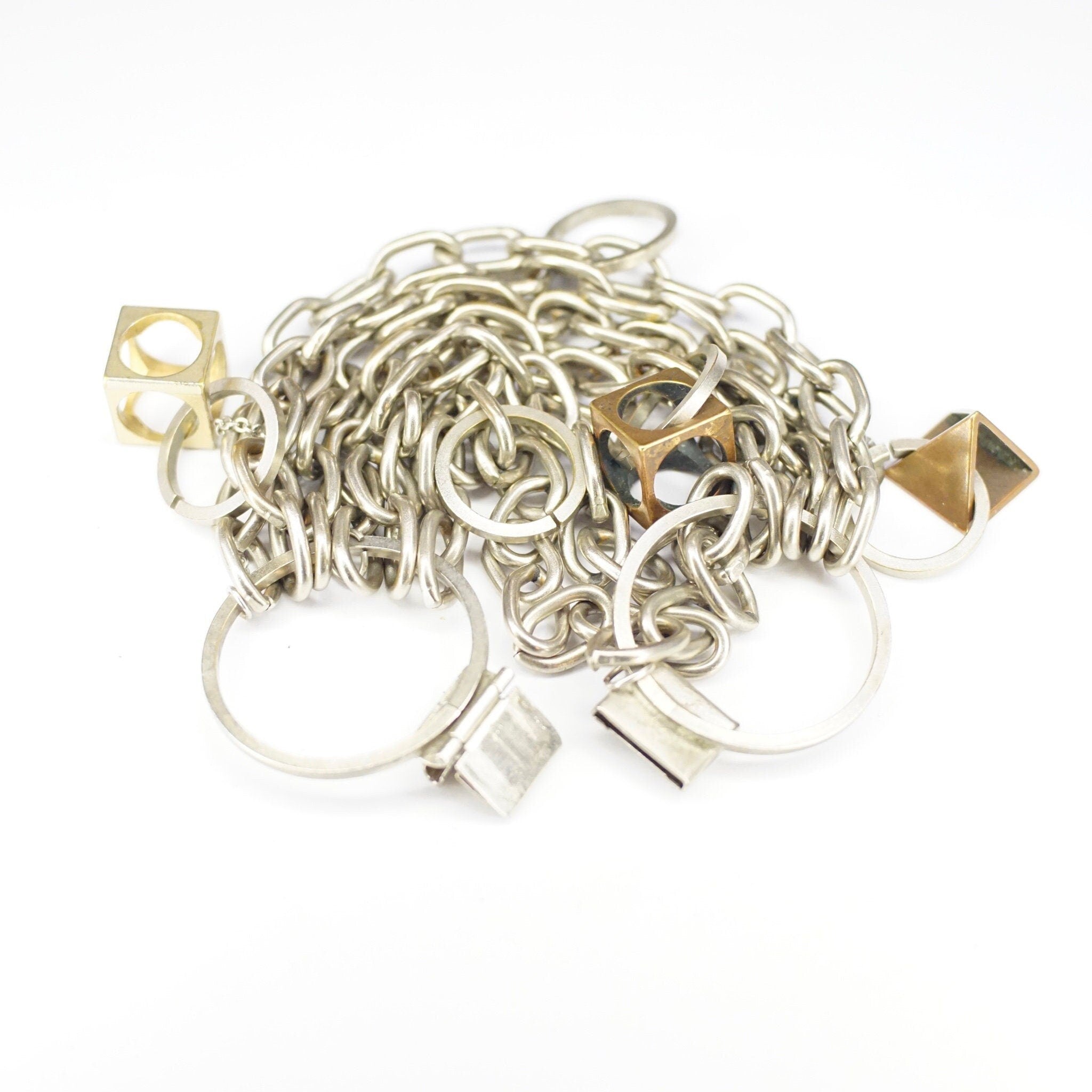 Vintage Signed Dannah Gripoix Silver Chain Charm Bracelet, Industrial Multi-Chain Bracelet With Geometric Copper Charms, Designer Jewelry
