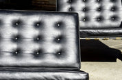 Vintage Pair Of MCM Black Leather Barcelona Chairs, Chrome Frame & Legs W/ Load Bearing Straps, Removable Cushions, 30" W x 28" H x 22" D