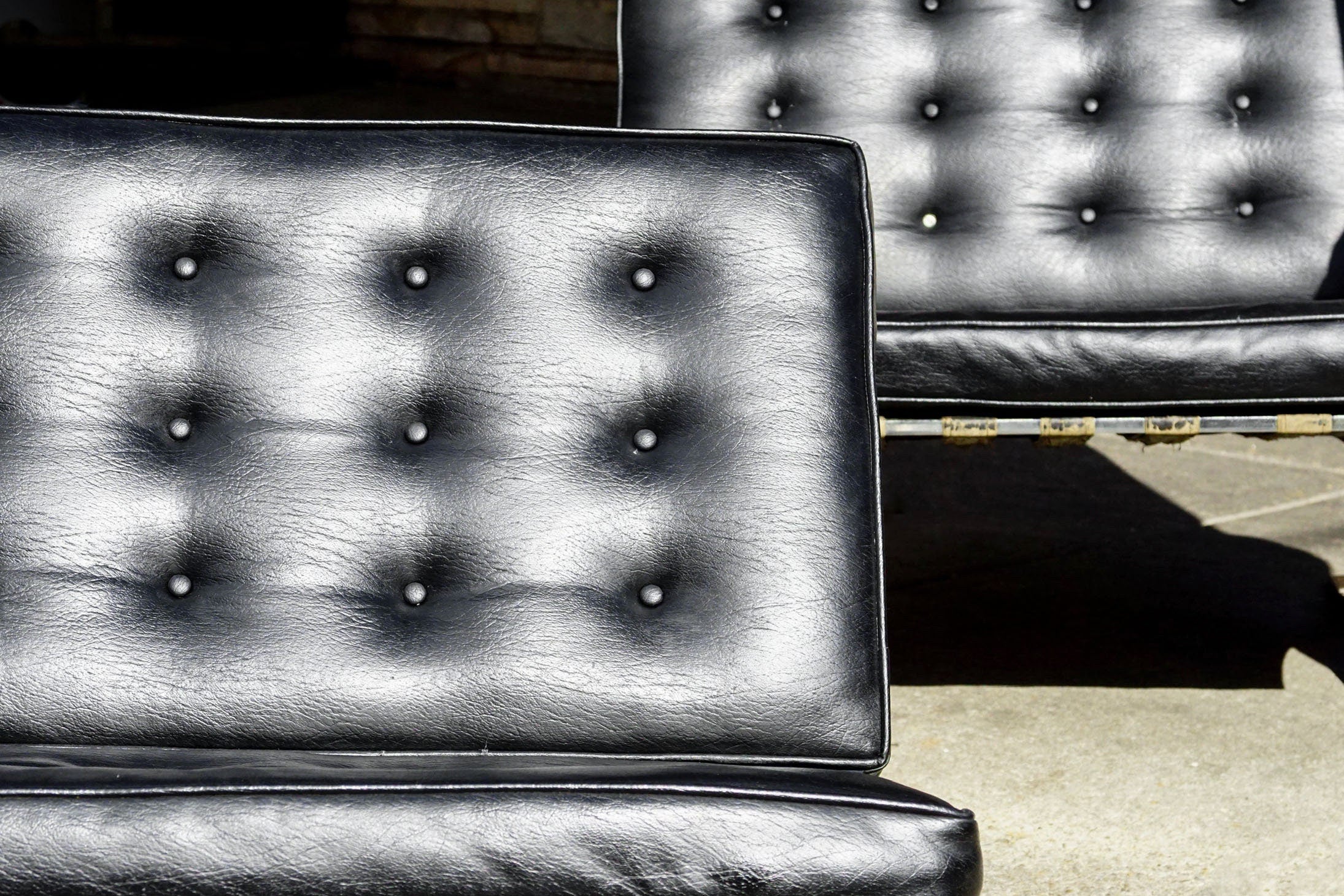 Vintage Pair Of MCM Black Leather Barcelona Chairs, Chrome Frame & Legs W/ Load Bearing Straps, Removable Cushions, 30" W x 28" H x 22" D