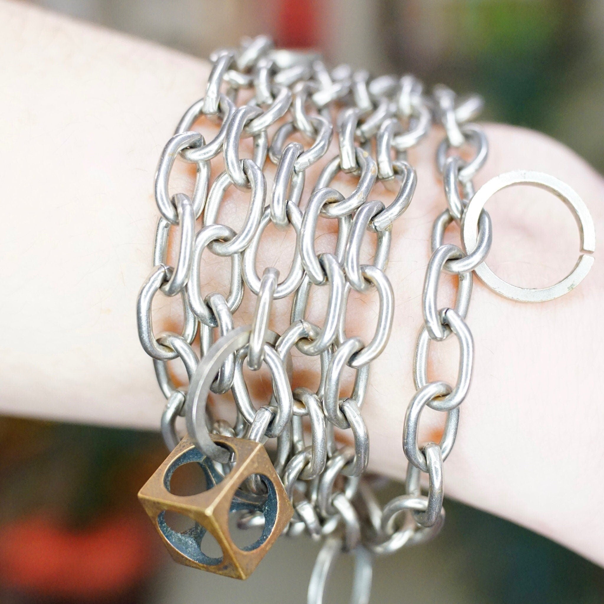 Vintage Signed Dannah Gripoix Silver Chain Charm Bracelet, Industrial Multi-Chain Bracelet With Geometric Copper Charms, Designer Jewelry