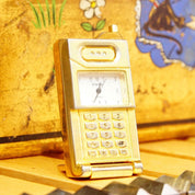 Vintage Rumors Quartz Miniature Brass Flip-Phone Mantel Clock, Small Standing Analog Clock, Cute Desk Tchotchke, Japan Movt, 2.5" Tall