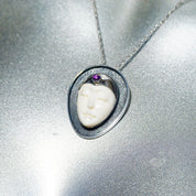 Vintage Sajen Style Sterling Silver Amethyst & Carved Bovine Bone Moon Goddess Pendant/Brooch, Extraterrestrial, Unique 925 Jewelry, 1 1/2"