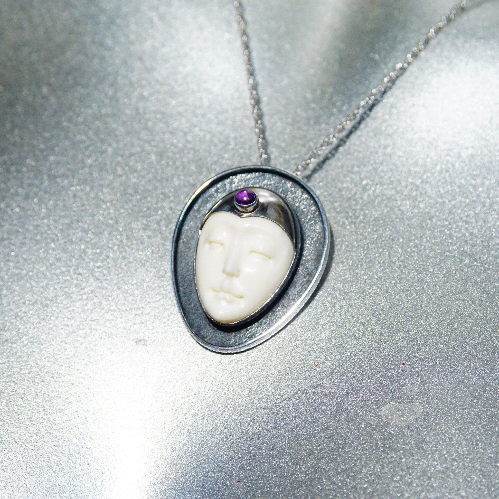Vintage Sajen Style Sterling Silver Amethyst & Carved Bovine Bone Moon Goddess Pendant/Brooch, Extraterrestrial, Unique 925 Jewelry, 1 1/2"