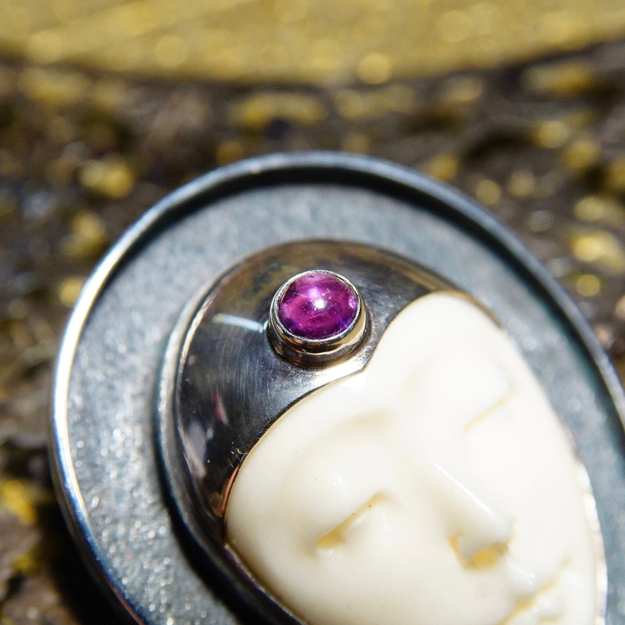 Vintage Sajen Style Sterling Silver Amethyst & Carved Bovine Bone Moon Goddess Pendant/Brooch, Extraterrestrial, Unique 925 Jewelry, 1 1/2"