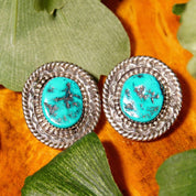 Vintage Signed NN Sterling Silver Turquoise Stud Earrings, Hammered Silver Medallion Earrings With Blue Turquoise Stone, 1 1/4" L