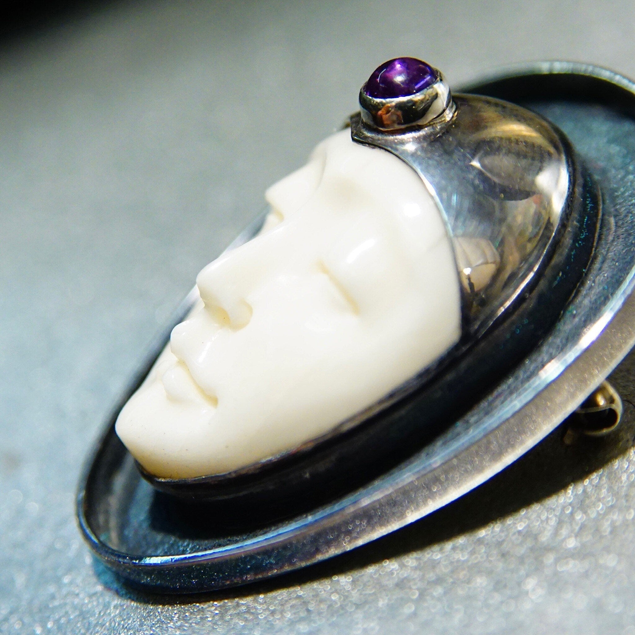 Vintage Sajen Style Sterling Silver Amethyst & Carved Bovine Bone Moon Goddess Pendant/Brooch, Extraterrestrial, Unique 925 Jewelry, 1 1/2"