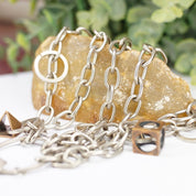 Vintage Signed Dannah Gripoix Silver Chain Charm Bracelet, Industrial Multi-Chain Bracelet With Geometric Copper Charms, Designer Jewelry