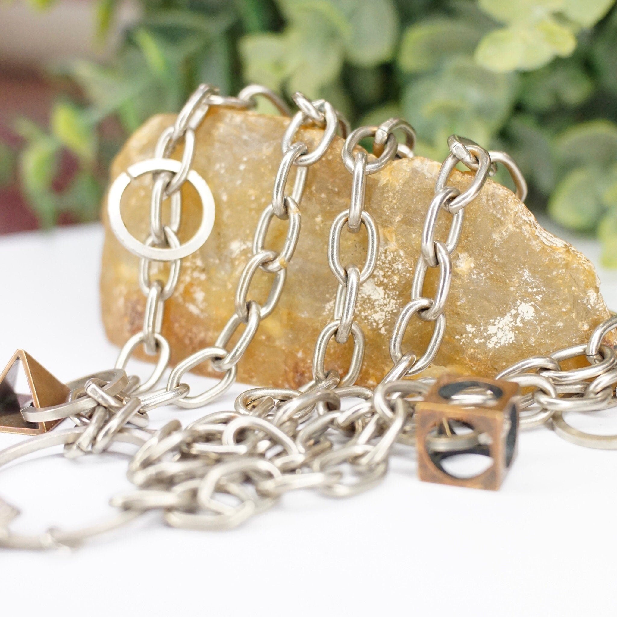 Vintage Signed Dannah Gripoix Silver Chain Charm Bracelet, Industrial Multi-Chain Bracelet With Geometric Copper Charms, Designer Jewelry