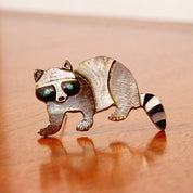 Vintage Signed Sterling Silver Shell Inlay Raccoon Brooch Pendant, Engraved Shell/Composite, Turquoise Eyes, Animal Lovers, 2 3/8" W