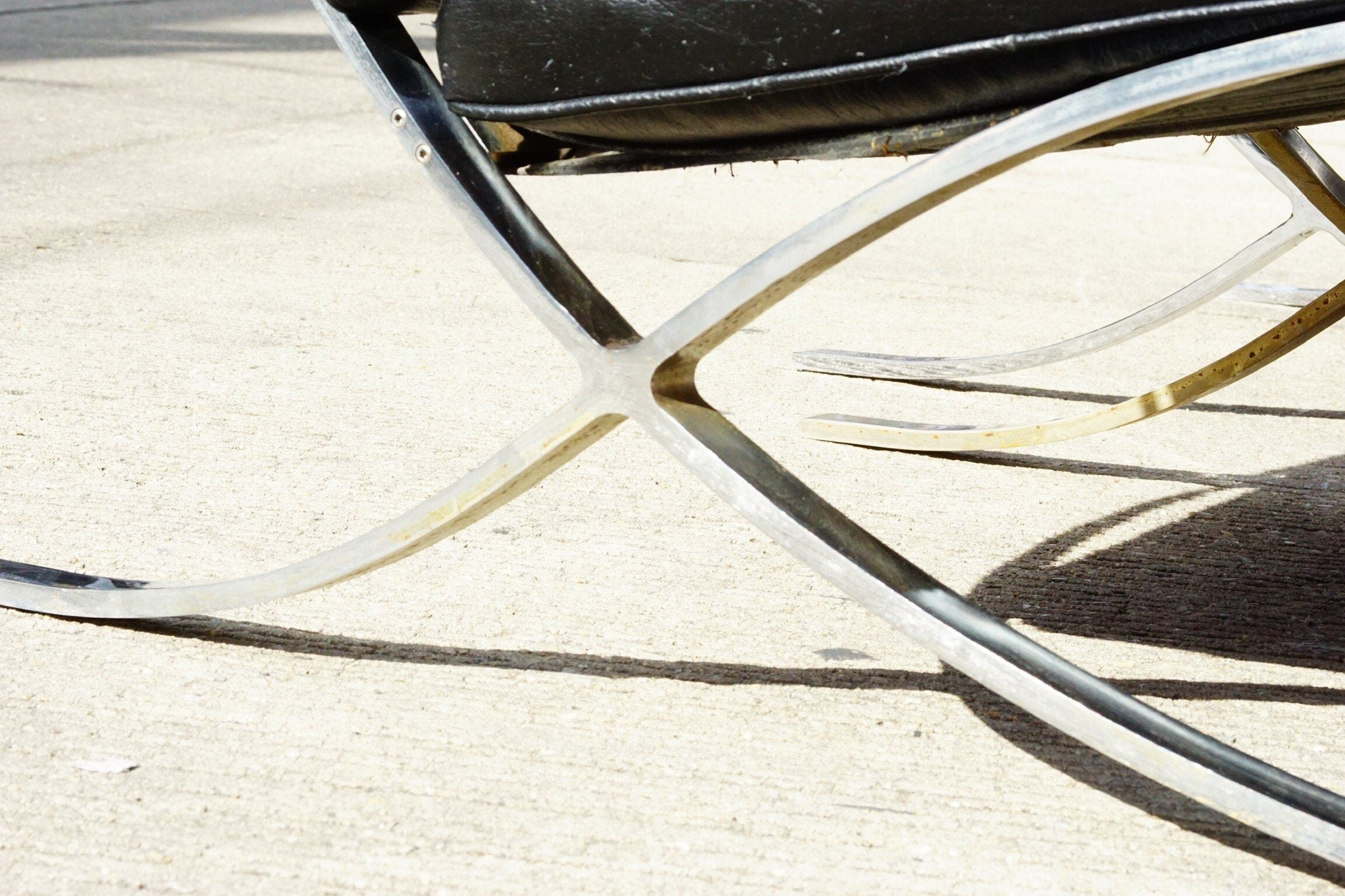 Vintage Pair Of MCM Black Leather Barcelona Chairs, Chrome Frame & Legs W/ Load Bearing Straps, Removable Cushions, 30" W x 28" H x 22" D
