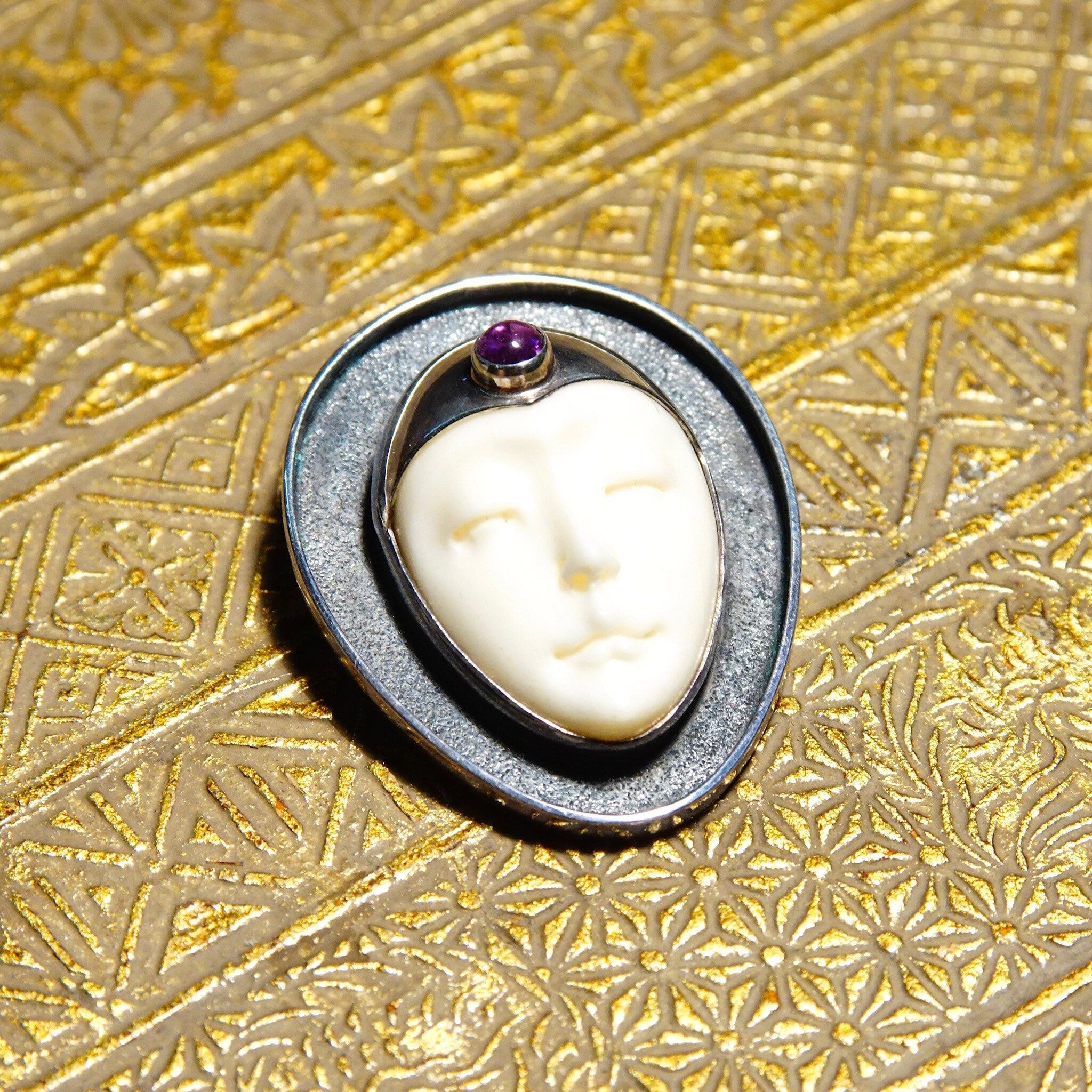 Vintage Sajen Style Sterling Silver Amethyst & Carved Bovine Bone Moon Goddess Pendant/Brooch, Extraterrestrial, Unique 925 Jewelry, 1 1/2"
