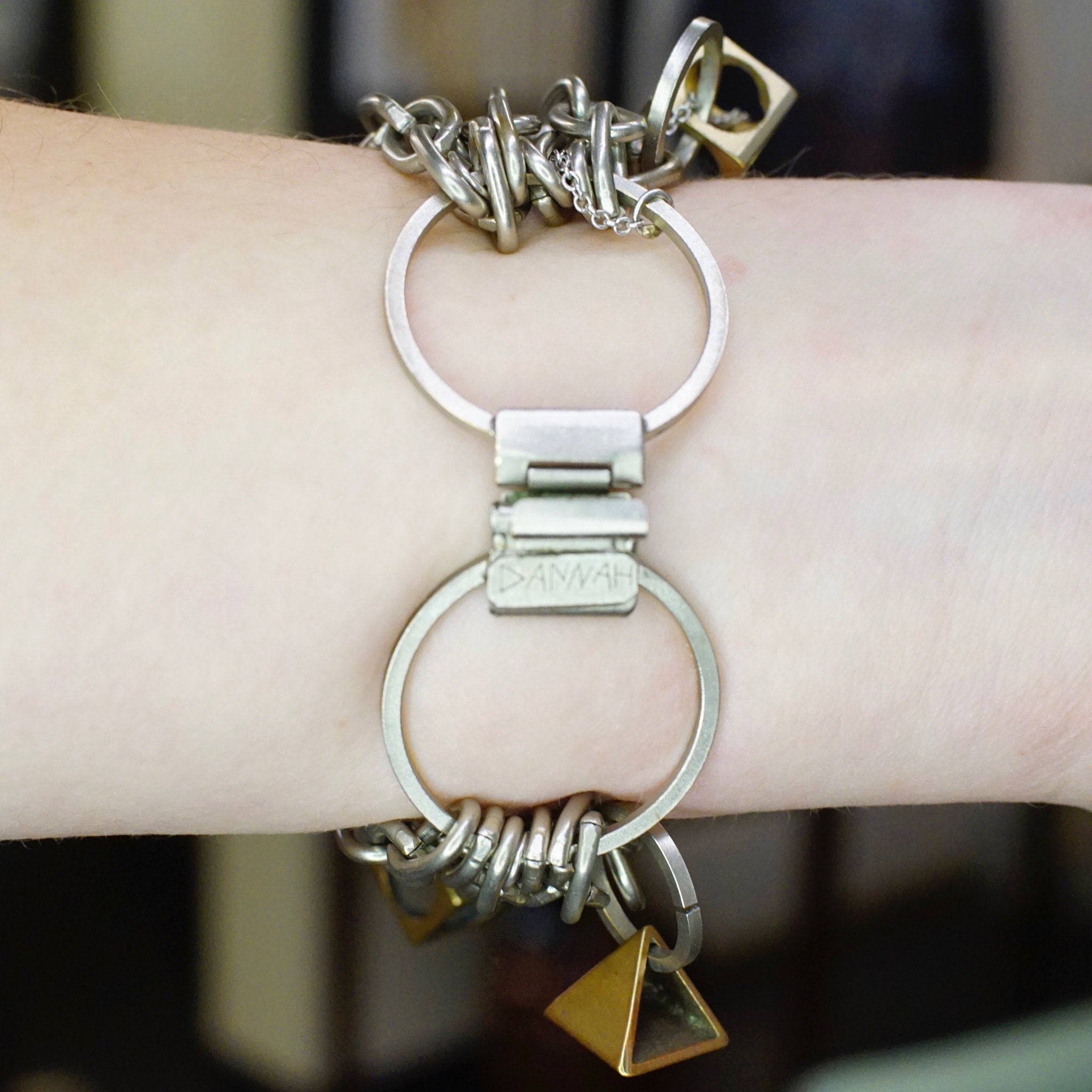 Vintage Signed Dannah Gripoix Silver Chain Charm Bracelet, Industrial Multi-Chain Bracelet With Geometric Copper Charms, Designer Jewelry