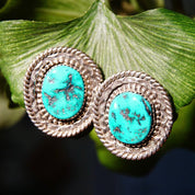 Vintage Signed NN Sterling Silver Turquoise Stud Earrings, Hammered Silver Medallion Earrings With Blue Turquoise Stone, 1 1/4" L