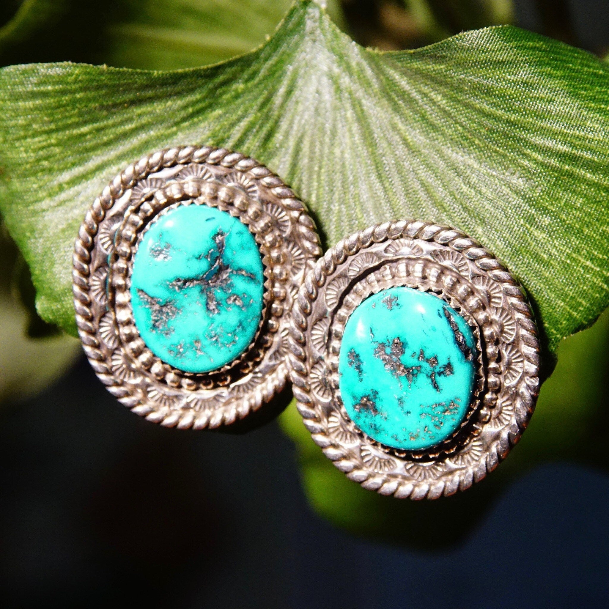 Vintage Signed NN Sterling Silver Turquoise Stud Earrings, Hammered Silver Medallion Earrings With Blue Turquoise Stone, 1 1/4" L