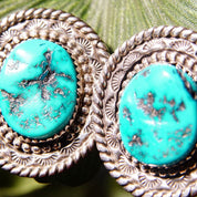 Vintage Signed NN Sterling Silver Turquoise Stud Earrings, Hammered Silver Medallion Earrings With Blue Turquoise Stone, 1 1/4" L