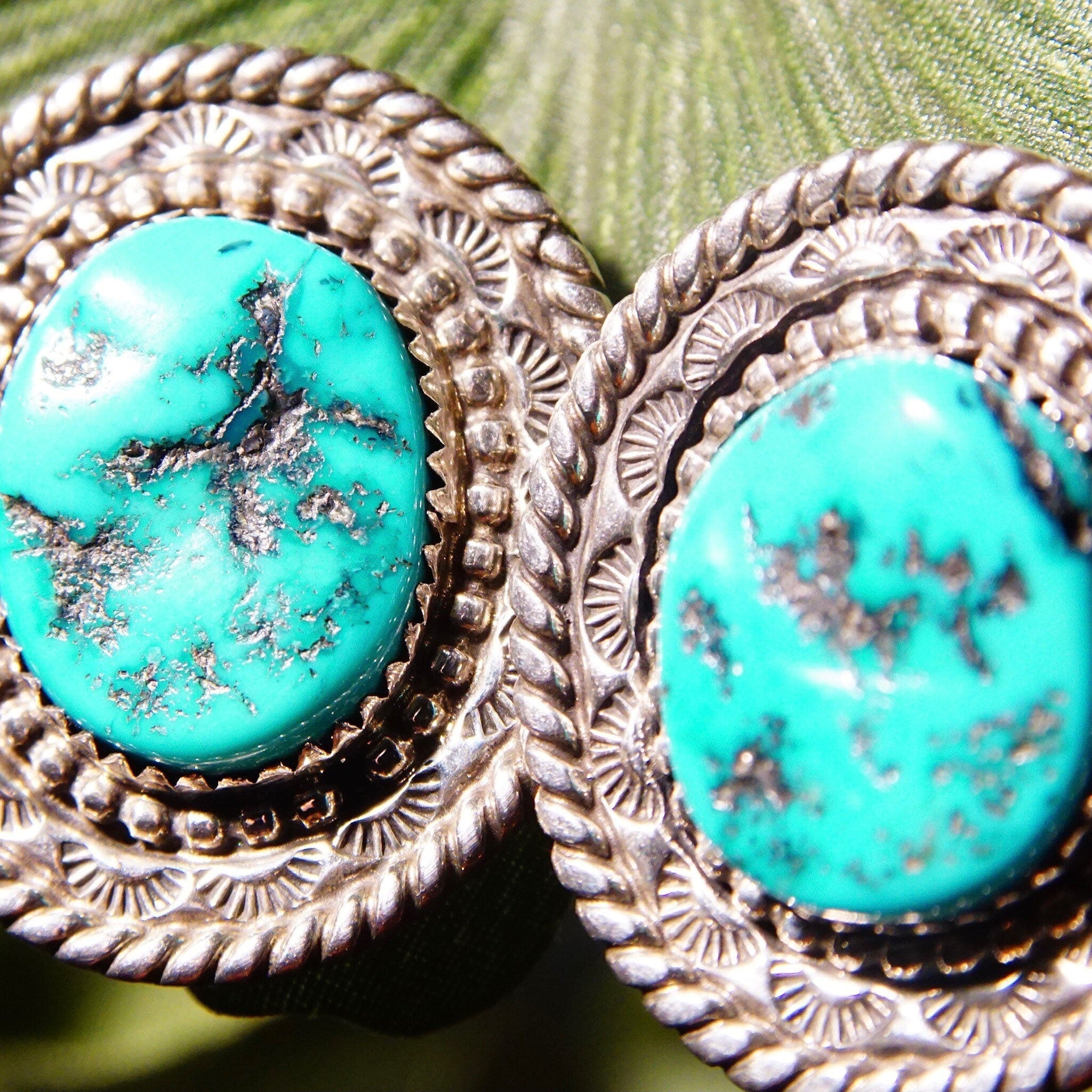 Vintage Signed NN Sterling Silver Turquoise Stud Earrings, Hammered Silver Medallion Earrings With Blue Turquoise Stone, 1 1/4" L