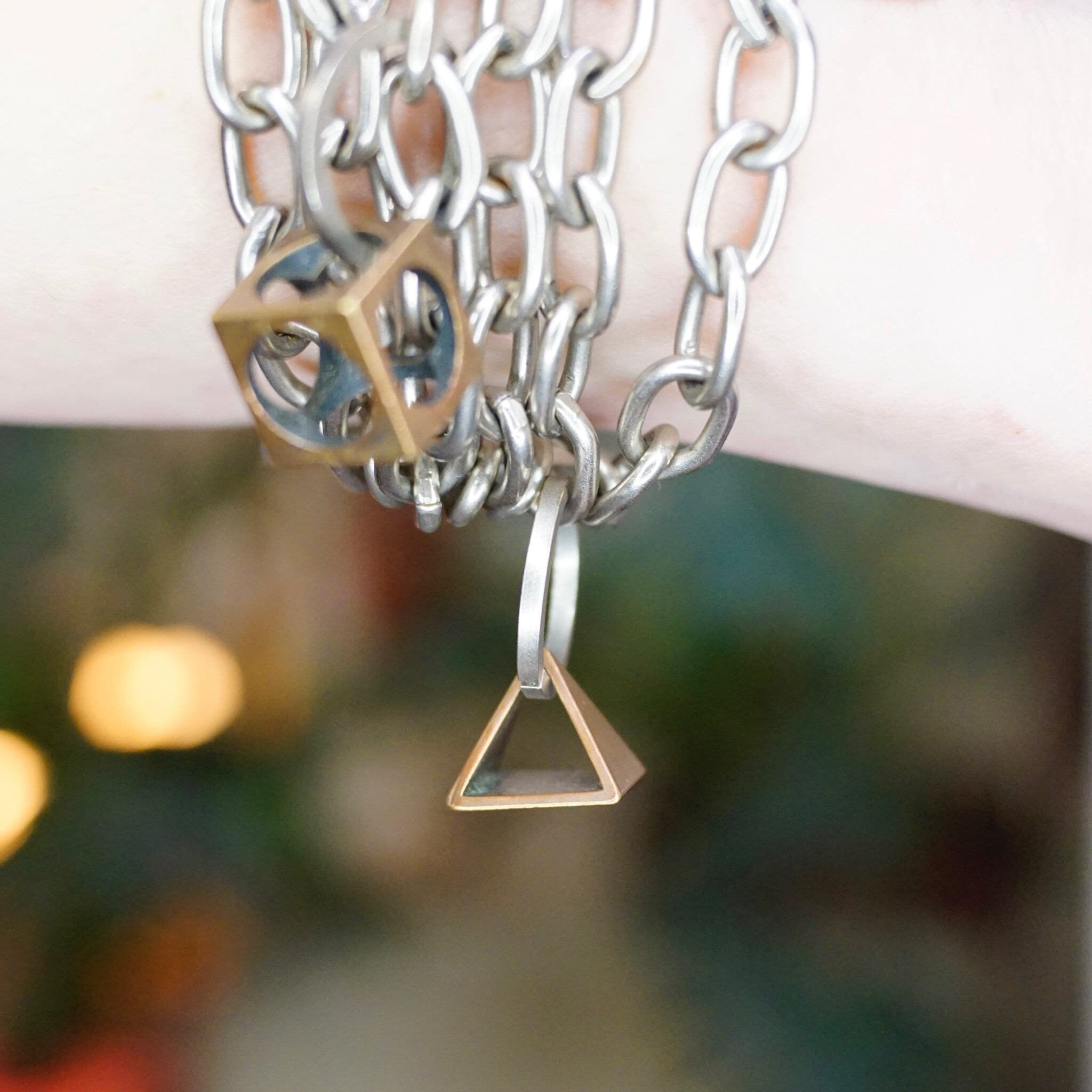 Vintage Signed Dannah Gripoix Silver Chain Charm Bracelet, Industrial Multi-Chain Bracelet With Geometric Copper Charms, Designer Jewelry