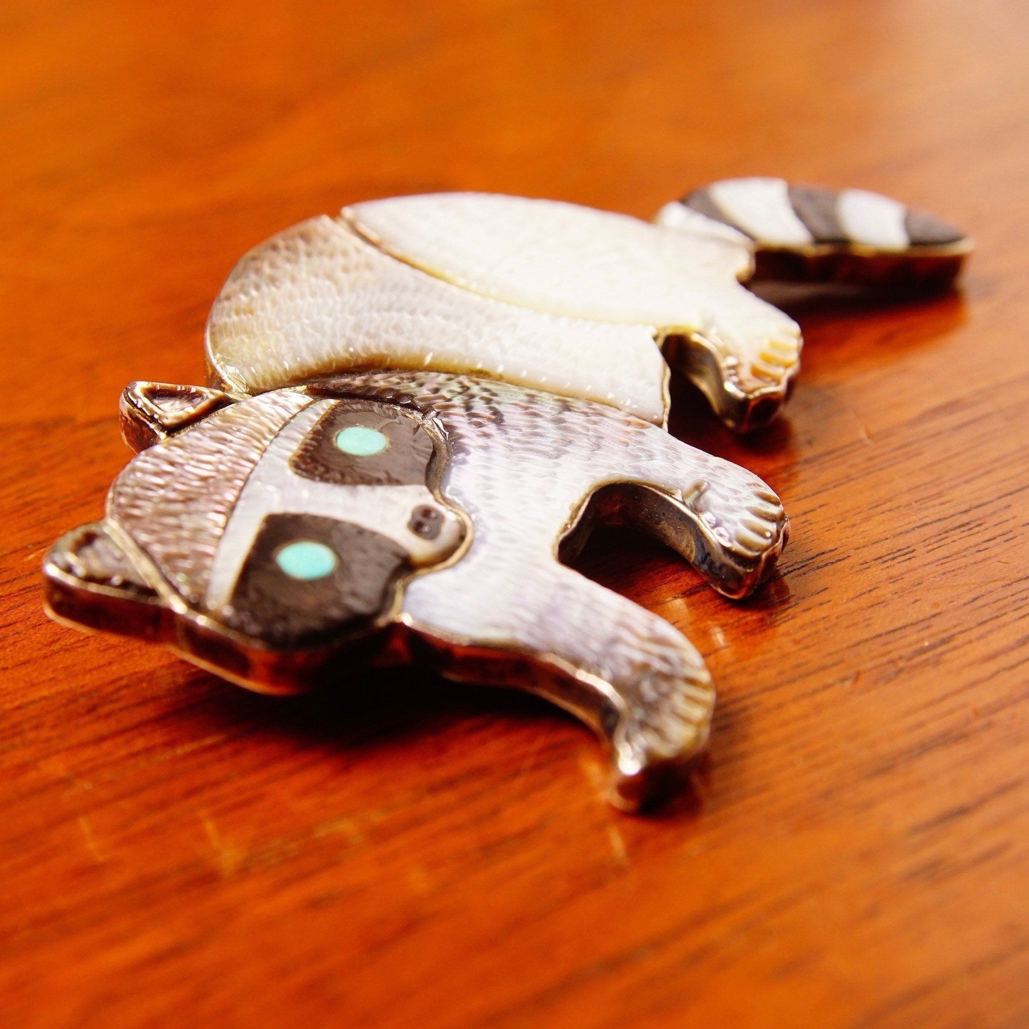 Vintage Signed Sterling Silver Shell Inlay Raccoon Brooch Pendant, Engraved Shell/Composite, Turquoise Eyes, Animal Lovers, 2 3/8" W