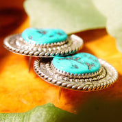 Vintage Signed NN Sterling Silver Turquoise Stud Earrings, Hammered Silver Medallion Earrings With Blue Turquoise Stone, 1 1/4" L