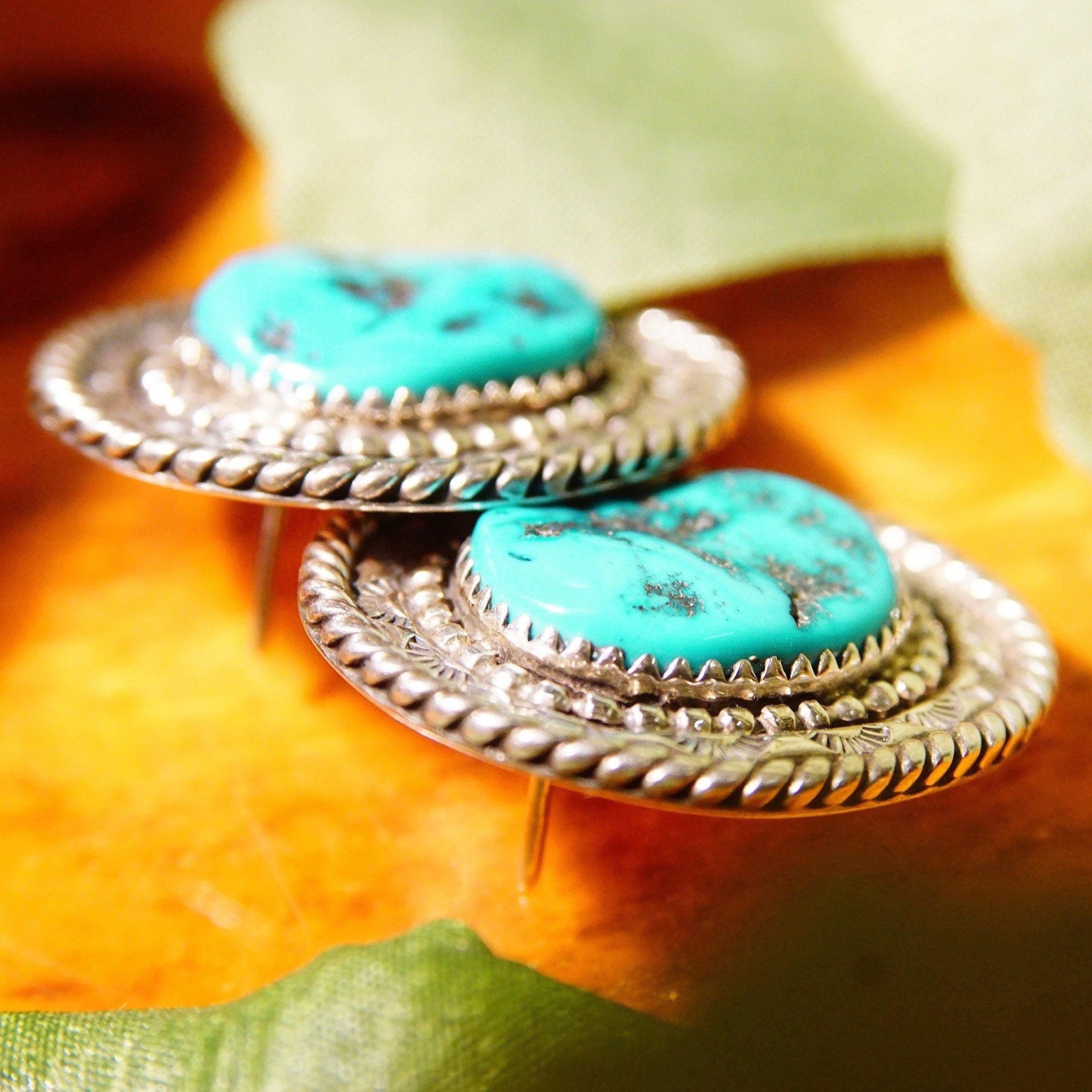 Vintage Signed NN Sterling Silver Turquoise Stud Earrings, Hammered Silver Medallion Earrings With Blue Turquoise Stone, 1 1/4" L