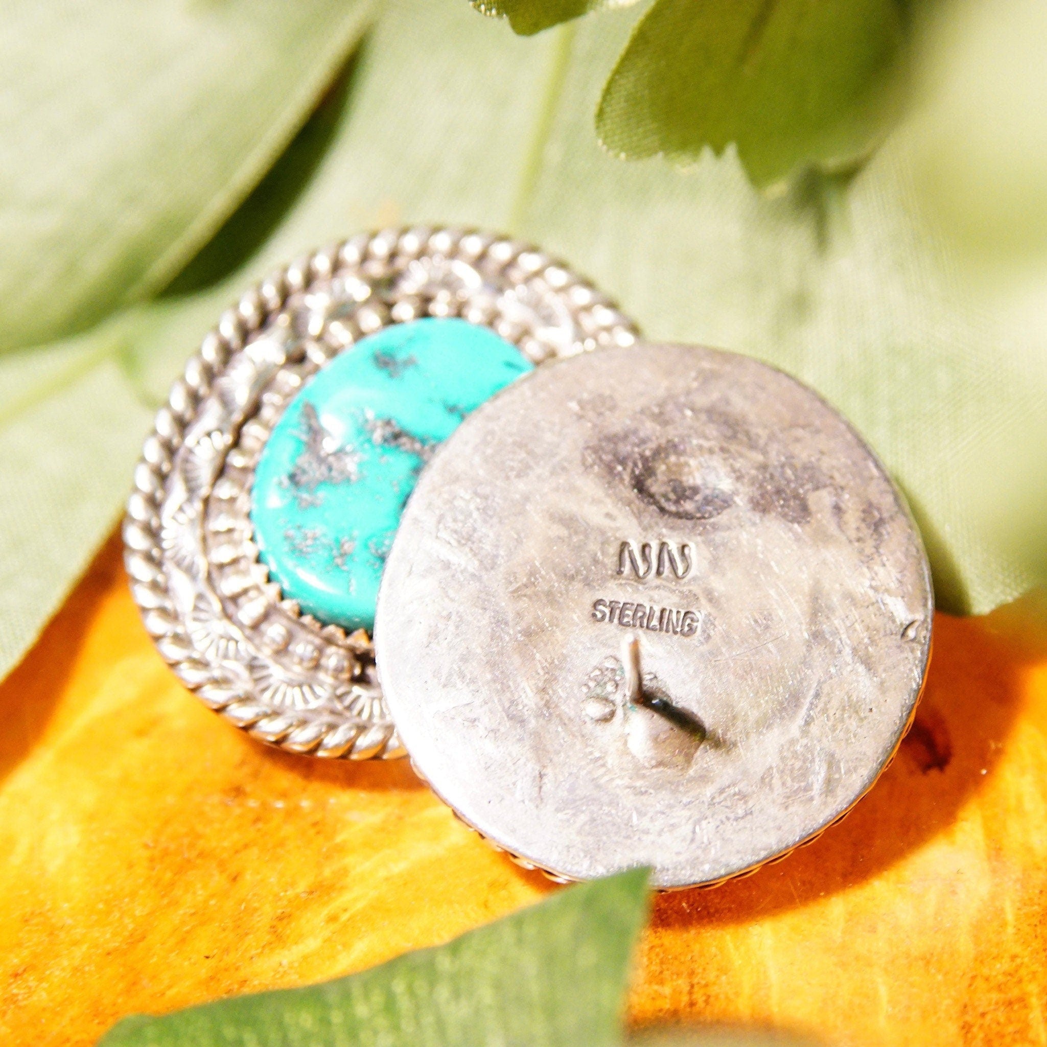 Vintage Signed NN Sterling Silver Turquoise Stud Earrings, Hammered Silver Medallion Earrings With Blue Turquoise Stone, 1 1/4" L