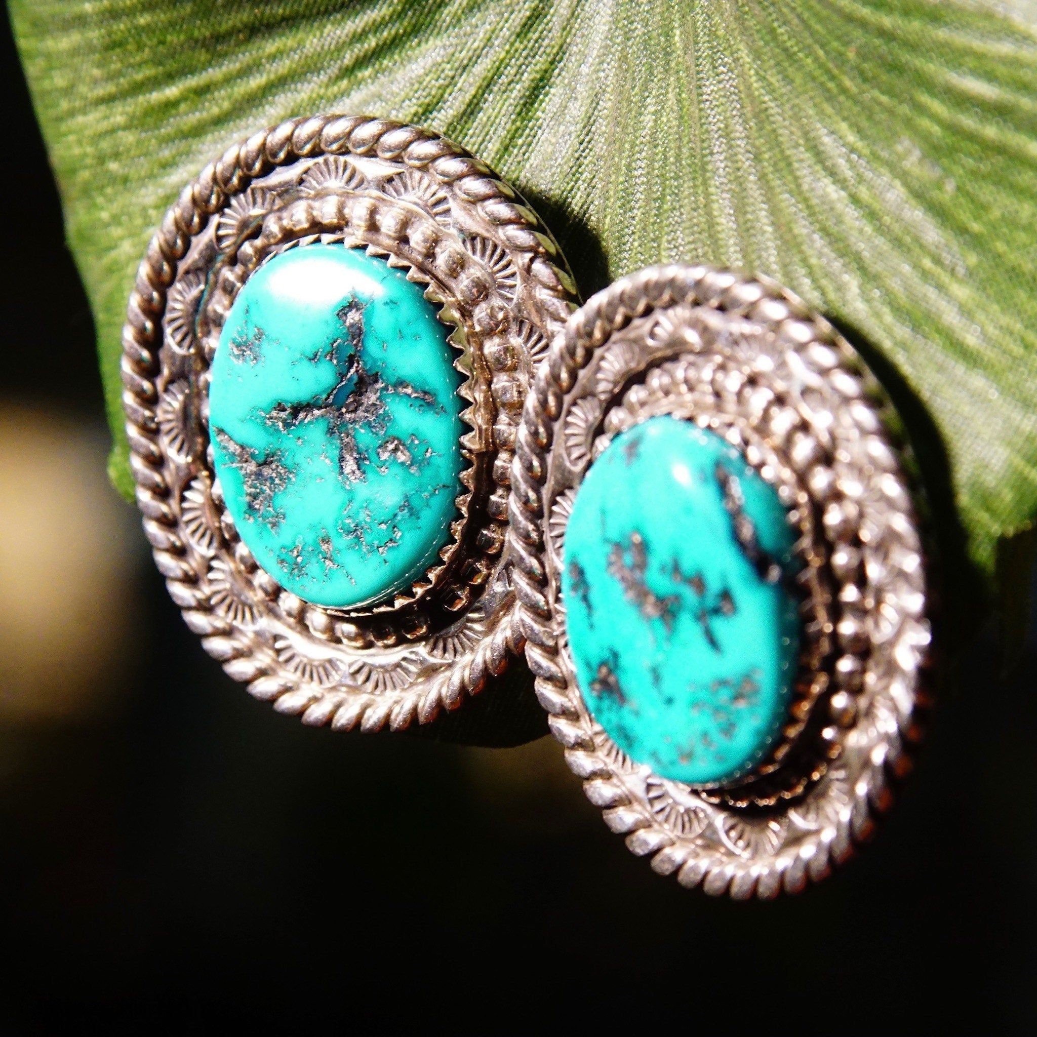 Vintage Signed NN Sterling Silver Turquoise Stud Earrings, Hammered Silver Medallion Earrings With Blue Turquoise Stone, 1 1/4" L