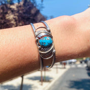 Vintage Southwestern Turquoise Cuff Bracelet, Sterling Silver Cut Out Cuff, Blue Turquoise With Silver Flecks, Silver Leaf Design, 5 1/2 L