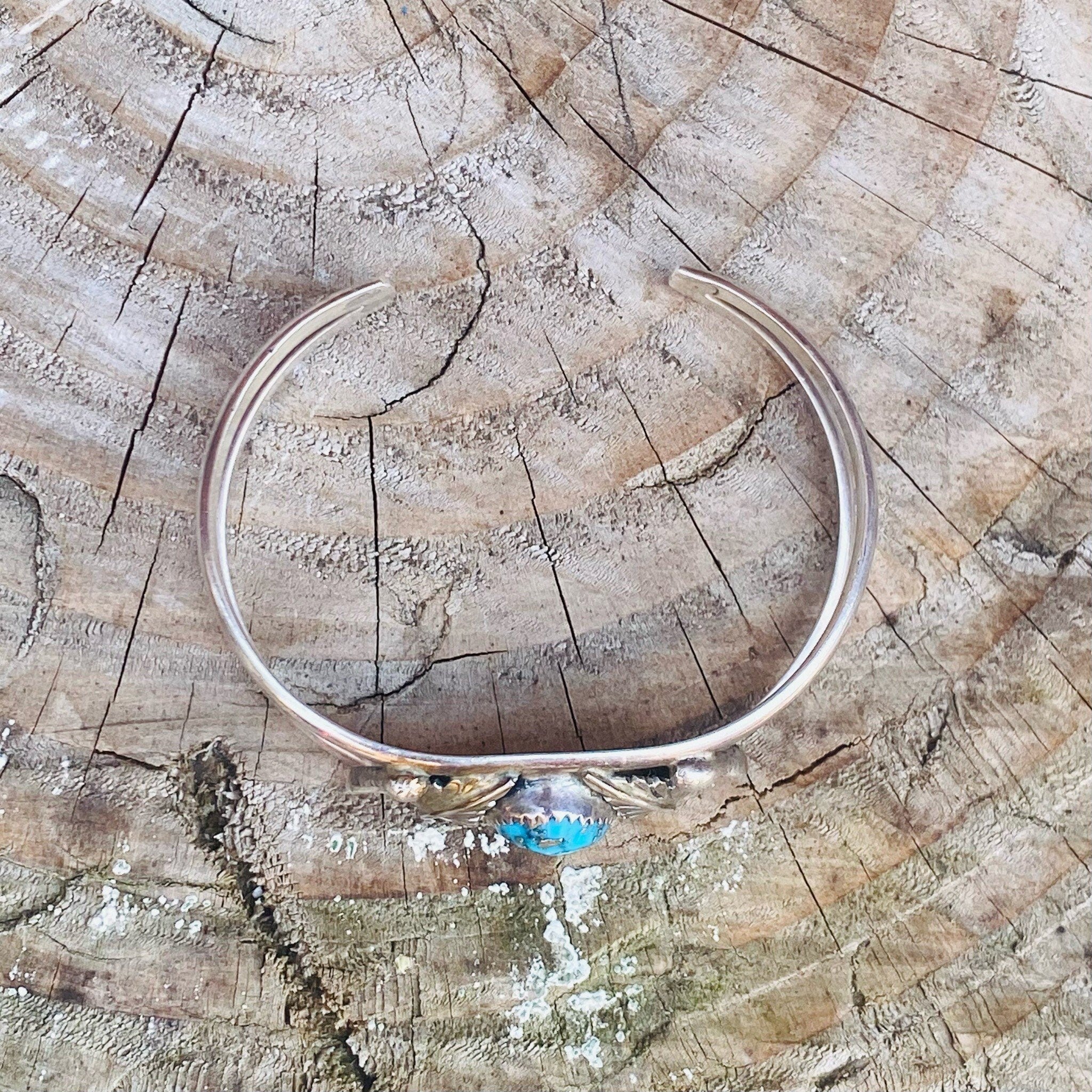 Vintage Southwestern Turquoise Cuff Bracelet, Sterling Silver Cut Out Cuff, Blue Turquoise With Silver Flecks, Silver Leaf Design, 5 1/2 L