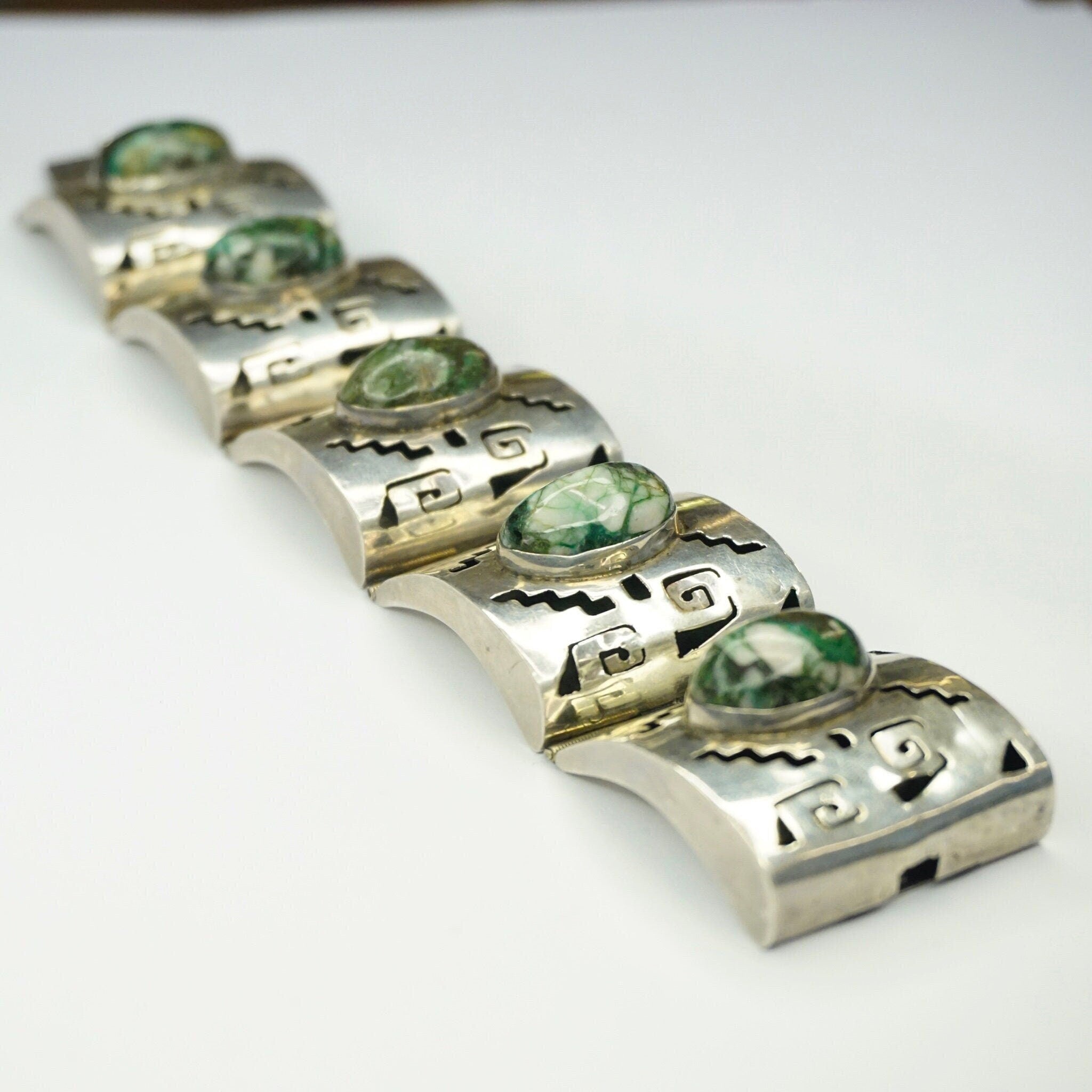 Vintage Silver Panel Bracelet With Turquoise Stones, Silver Cut Out Bracelet With Accent Stones, Hollow Silver Bracelet Wth Cut Out Design