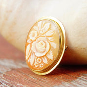 Vintage 14K Gold Flower Cameo Pendant/Brooch, Classic Relief Cameo, Caved Pink & White Shell, Yellow Gold Frame, Flora Motifs,