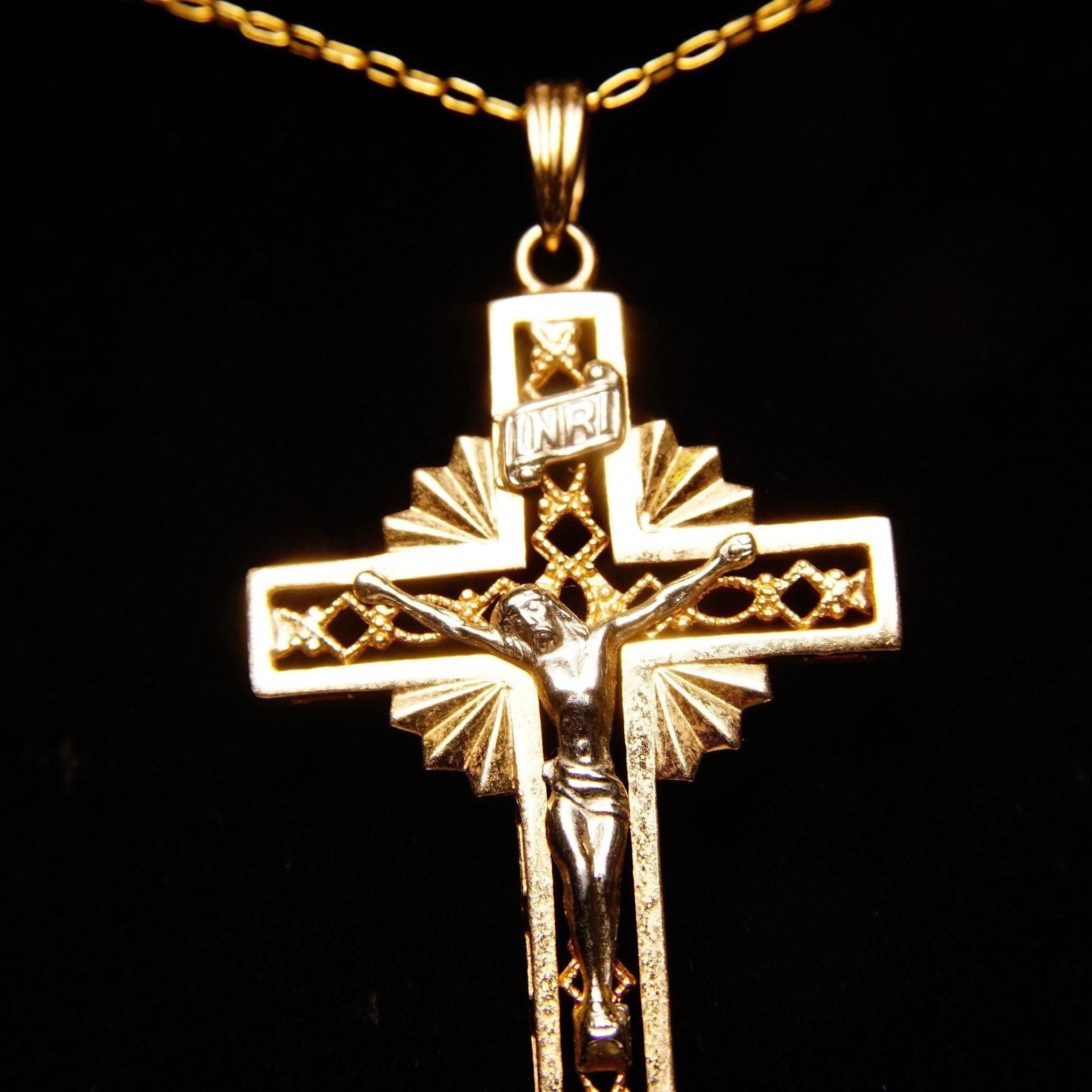 Vintage 14K Gold IRNI Crucifix Cross Pendant, Gold Filigree Cross, Religious Jewelry, Art Deco Style, 585 Fine Jewelry, 4cm