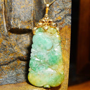 Victorian 14K Gold Carved Jadeite Jade & Diamond Pendant, Antique Marbled Jade Stone, Yellow Gold Setting With Accent Diamonds, 3 3/4 L