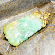 Victorian 14K Gold Carved Jadeite Jade & Diamond Pendant, Antique Marbled Jade Stone, Yellow Gold Setting With Accent Diamonds, 3 3/4 L