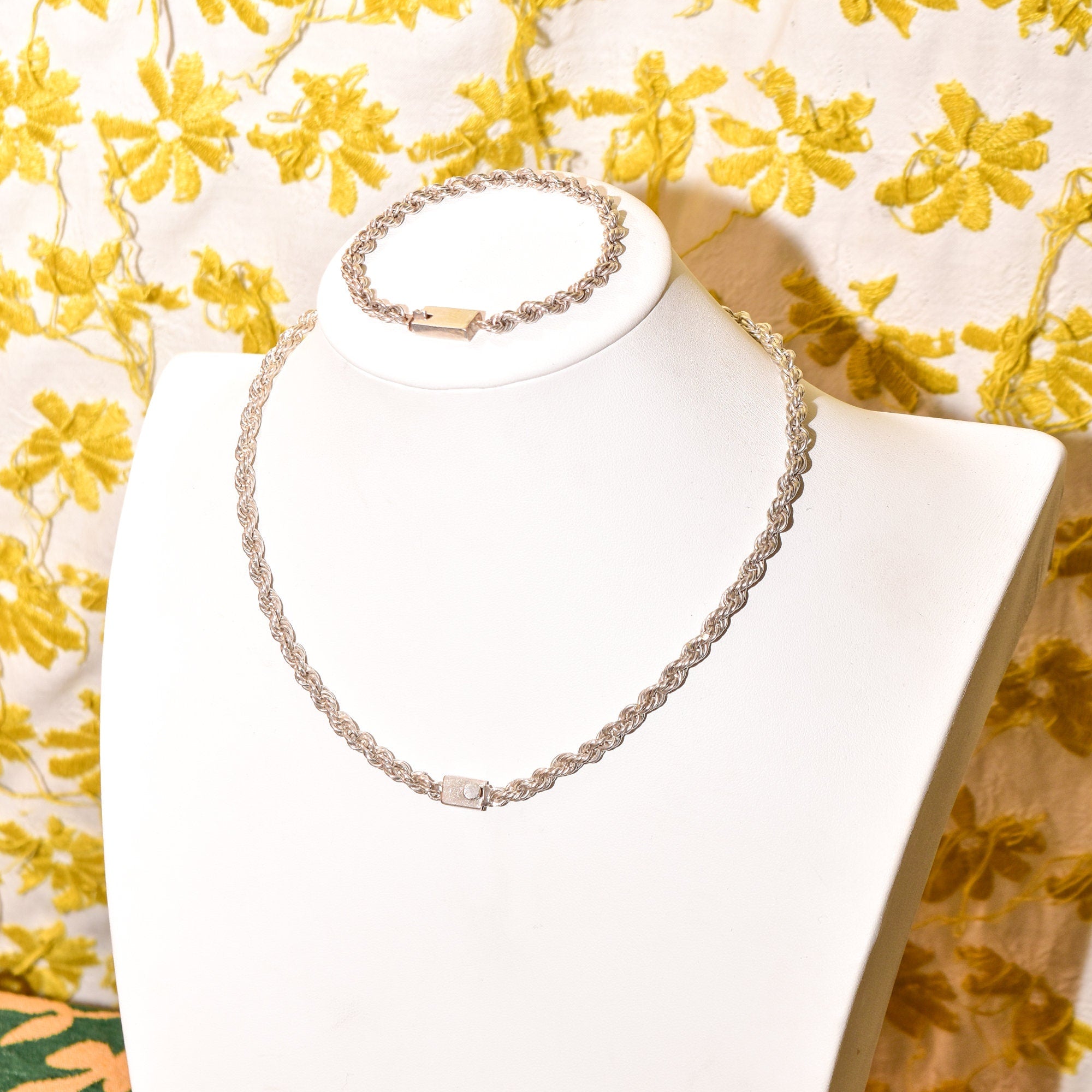 Mexican Sterling Silver Rope Chain Necklace & Bracelet, Thick Twisted Rope Link, Box Clasp, 17"