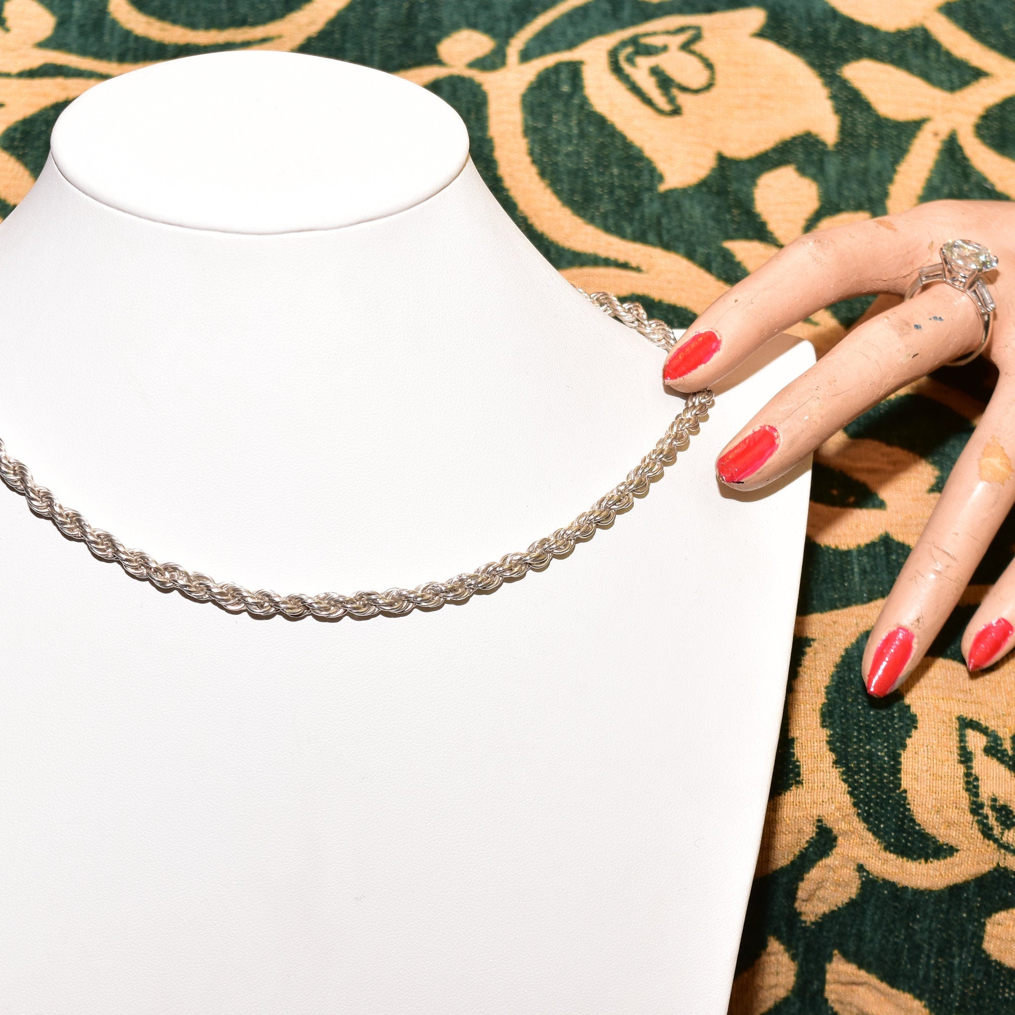 Mexican Sterling Silver Rope Chain Necklace & Bracelet, Thick Twisted Rope Link, Box Clasp, 17"