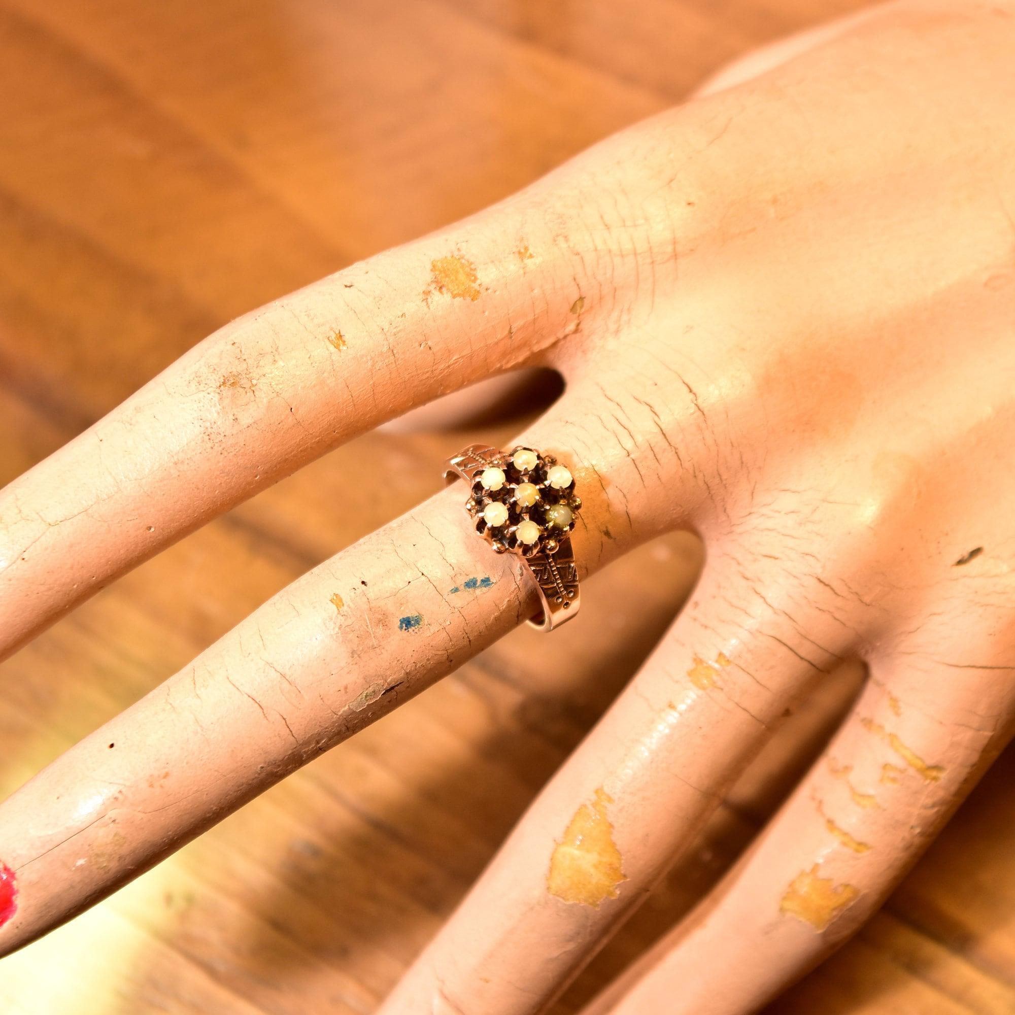 Victorian 14K Opal Flower Harem Ring, Antique Hand-Engraved Rose Gold Cluster Ring, Unknown Stones, 6 3/4 US - Good's Vintage