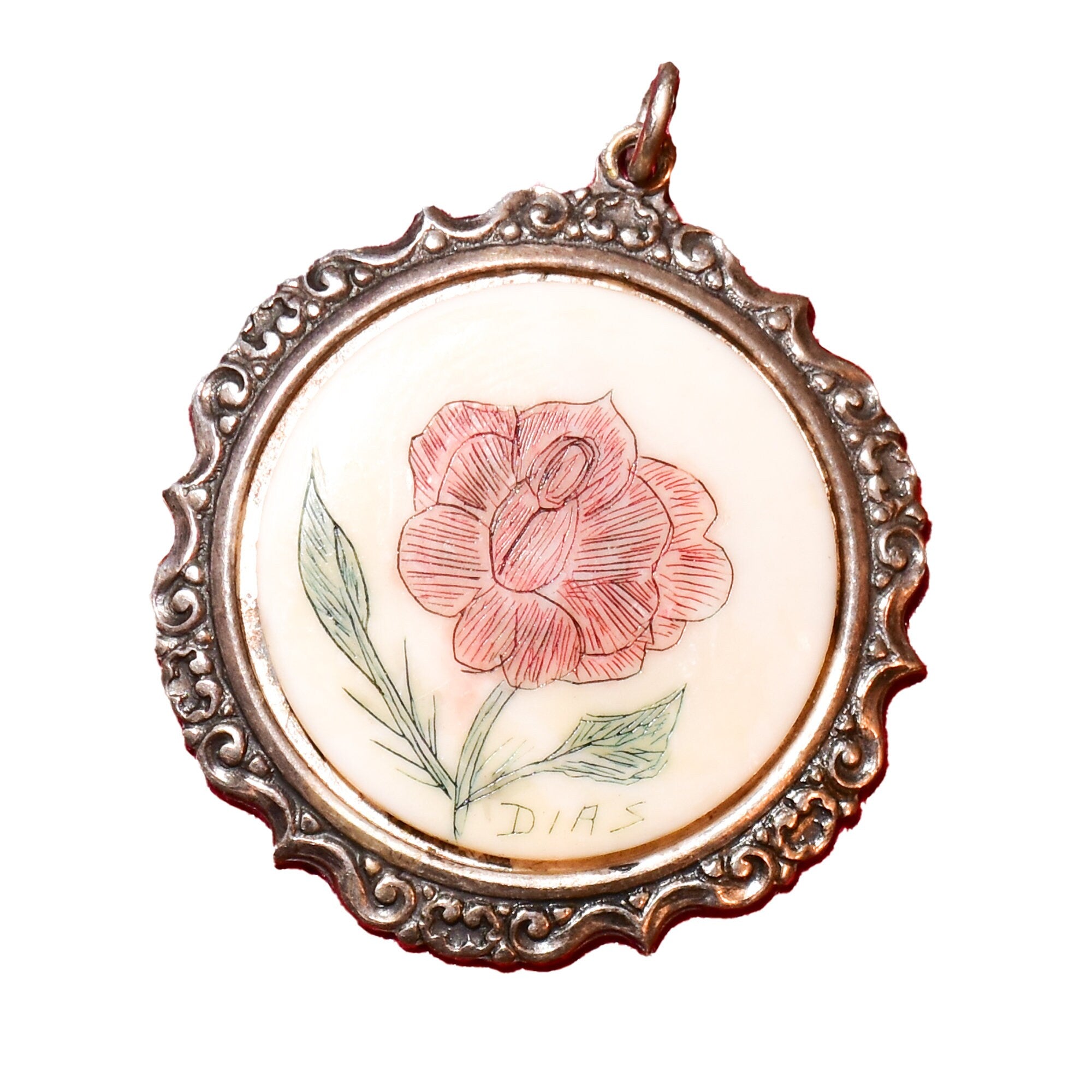 Signed Scrimshaw Flower Pendant In Sterling Silver, Hand-Etched & Inked Bovine Bone, Repousse Setting, 44mm