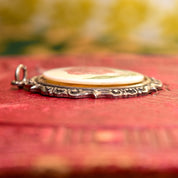 Signed Scrimshaw Flower Pendant In Sterling Silver, Hand-Etched & Inked Bovine Bone, Repousse Setting, 44mm