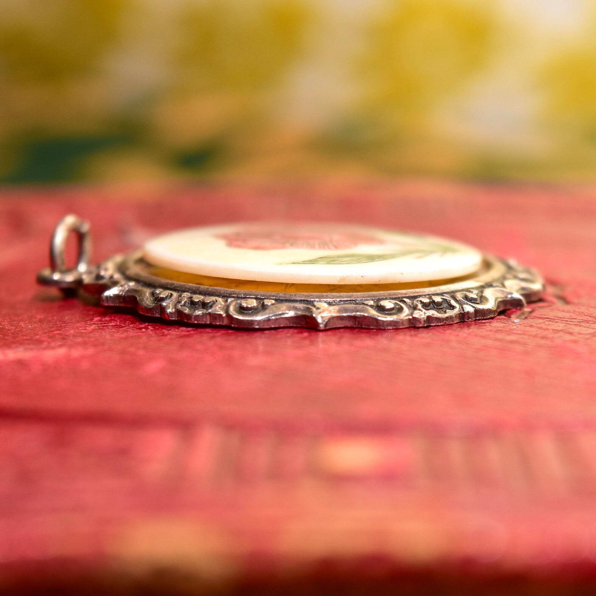 Signed Scrimshaw Flower Pendant In Sterling Silver, Hand-Etched & Inked Bovine Bone, Repousse Setting, 44mm