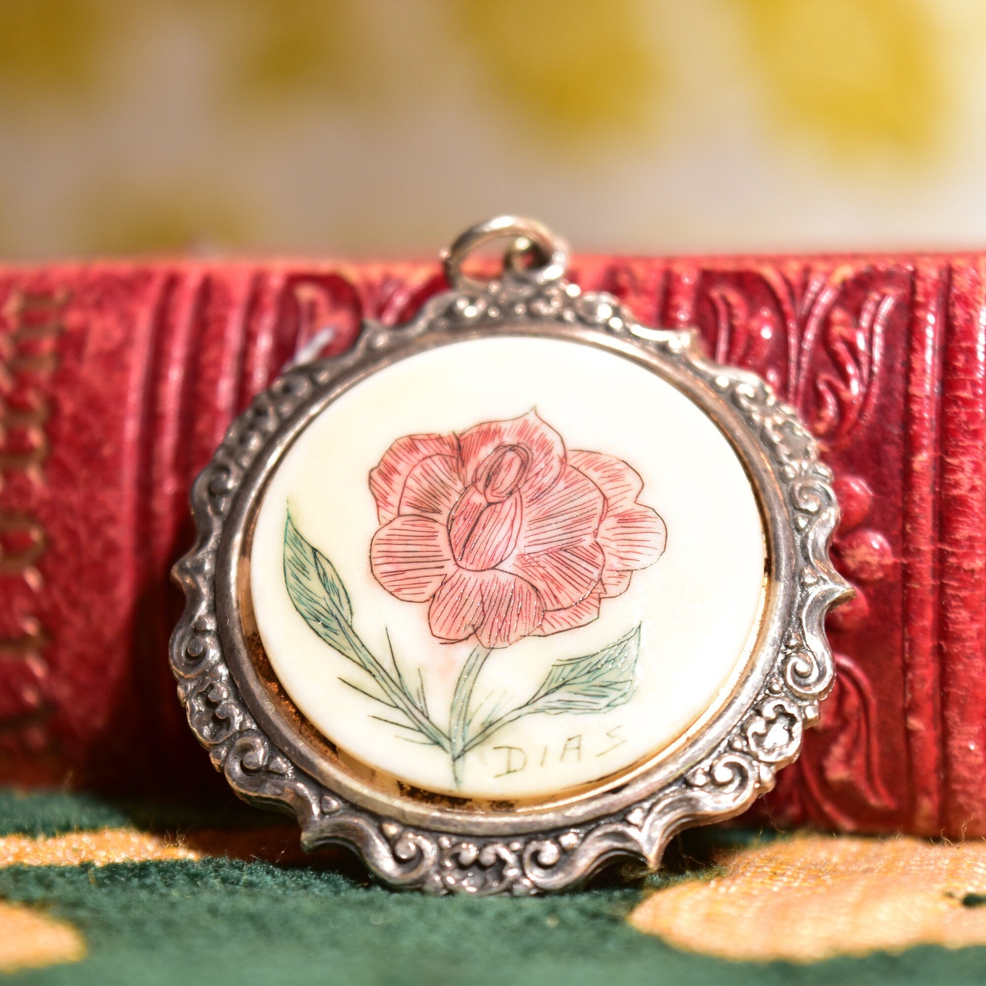 Signed Scrimshaw Flower Pendant In Sterling Silver, Hand-Etched & Inked Bovine Bone, Repousse Setting, 44mm