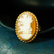 Antique 14K Gold Harp Player Cameo Ring, Large Classic Relief Carved Diaphanous Figural Cameo, Yellow Gold Ribbon Setting, Size 9 1/2 US - Good's Vintage