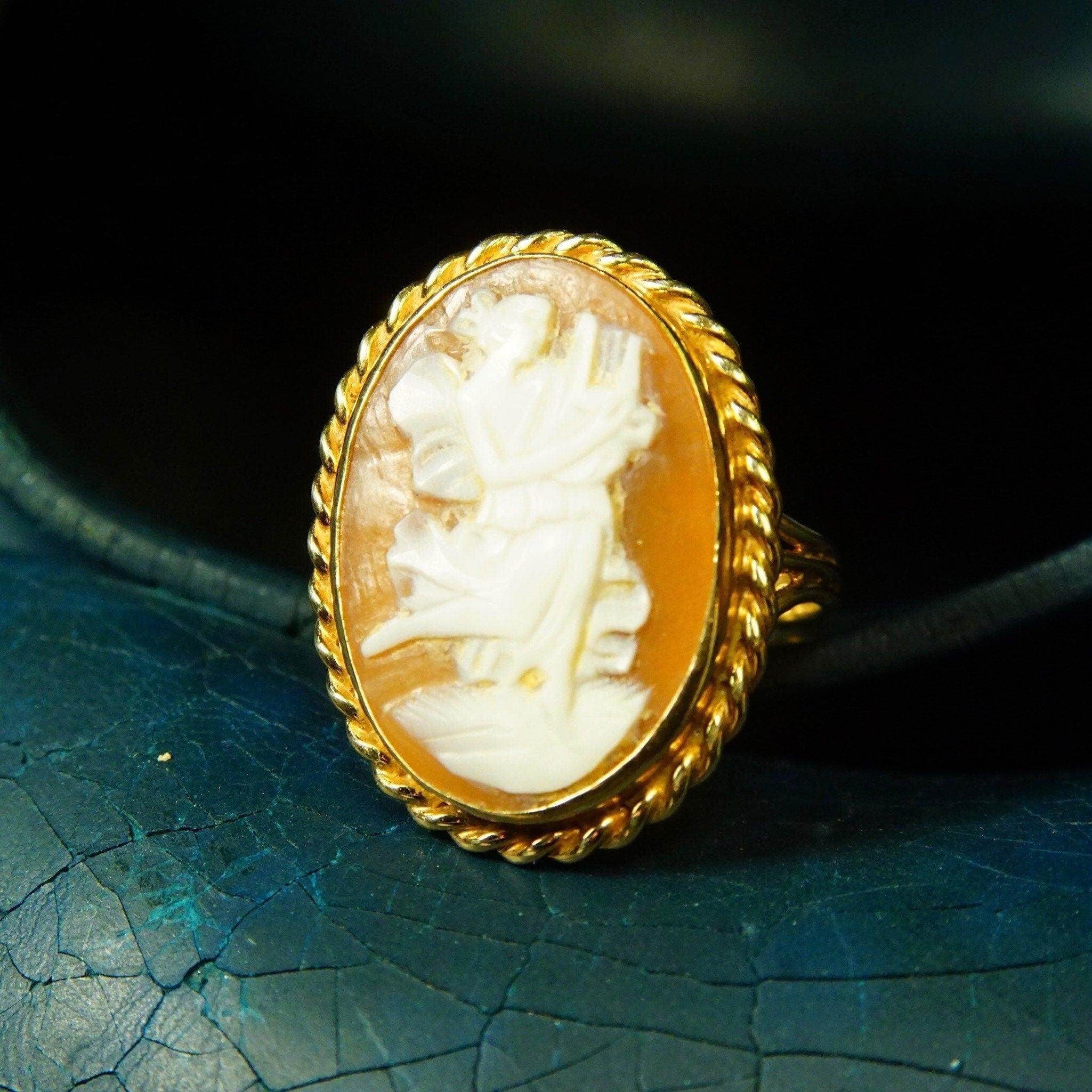 Antique 14K Gold Harp Player Cameo Ring, Large Classic Relief Carved Diaphanous Figural Cameo, Yellow Gold Ribbon Setting, Size 9 1/2 US - Good's Vintage