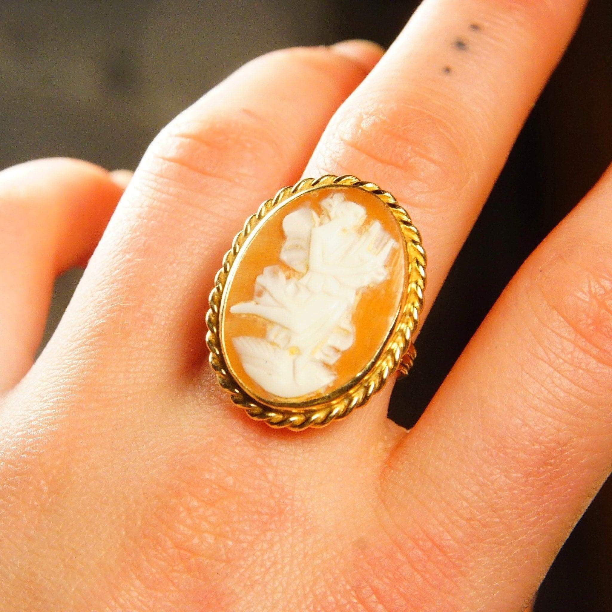 Antique 14K Gold Harp Player Cameo Ring, Large Classic Relief Carved Diaphanous Figural Cameo, Yellow Gold Ribbon Setting, Size 9 1/2 US - Good's Vintage