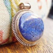 Vintage Modernist Lapis Lazuli Sterling Silver Pendant, Huge Silver Gemstone Pendant, Marbled Blue Lapis Stone, 2 1/2" L x 2 3/4" W