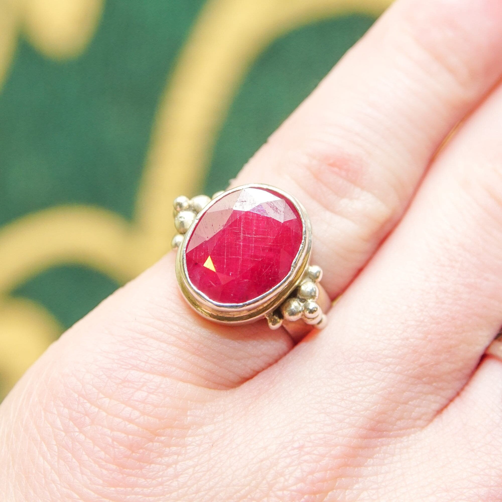 Bohemian Sterling Silver Indian Ruby Ring, Faceted Pink Gemstone, Chunky Silver Ring, 925 Jewelry, Size 6 1/4 US